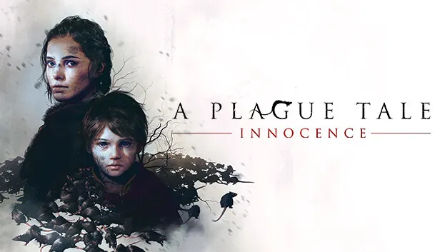 Key art for "A Plague Tale: Innocence". A painted portrait of a young woman sheltering a small boy against a pale washed background; both are grimy and stare ahead. The title sits at the right in thin white capitals with INNOCENCE underlined in red, and a swarm of rats and dark tendrils spills across the lower half.