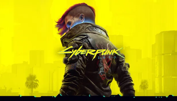 Key art for "Cyberpunk 2077". A figure with a red undercut hairstyle is seen from behind against a flat acid-yellow background, wearing a dark jacket with a painted demon face on the back; a faint city skyline and palm trees sit low in the frame, with the glitched title across the centre.