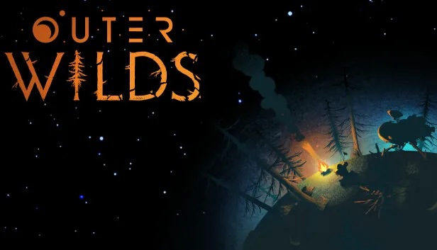 Key art for "Outer Wilds". The title is set in orange letters against a black starfield, the O of Outer drawn as a crescent planet; at the right a small campfire glows on a dark wooded outcrop where a figure sits, wisps of smoke rising into the stars.