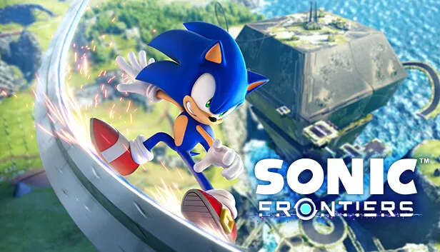 Key art for "Sonic Frontiers". A blue cartoon hedgehog runs along a curving grey rail towards the viewer, trailing sparks; behind him a green island with ancient stone structures sits in a blue sea under a bright sky, with the title in white at the lower right.
